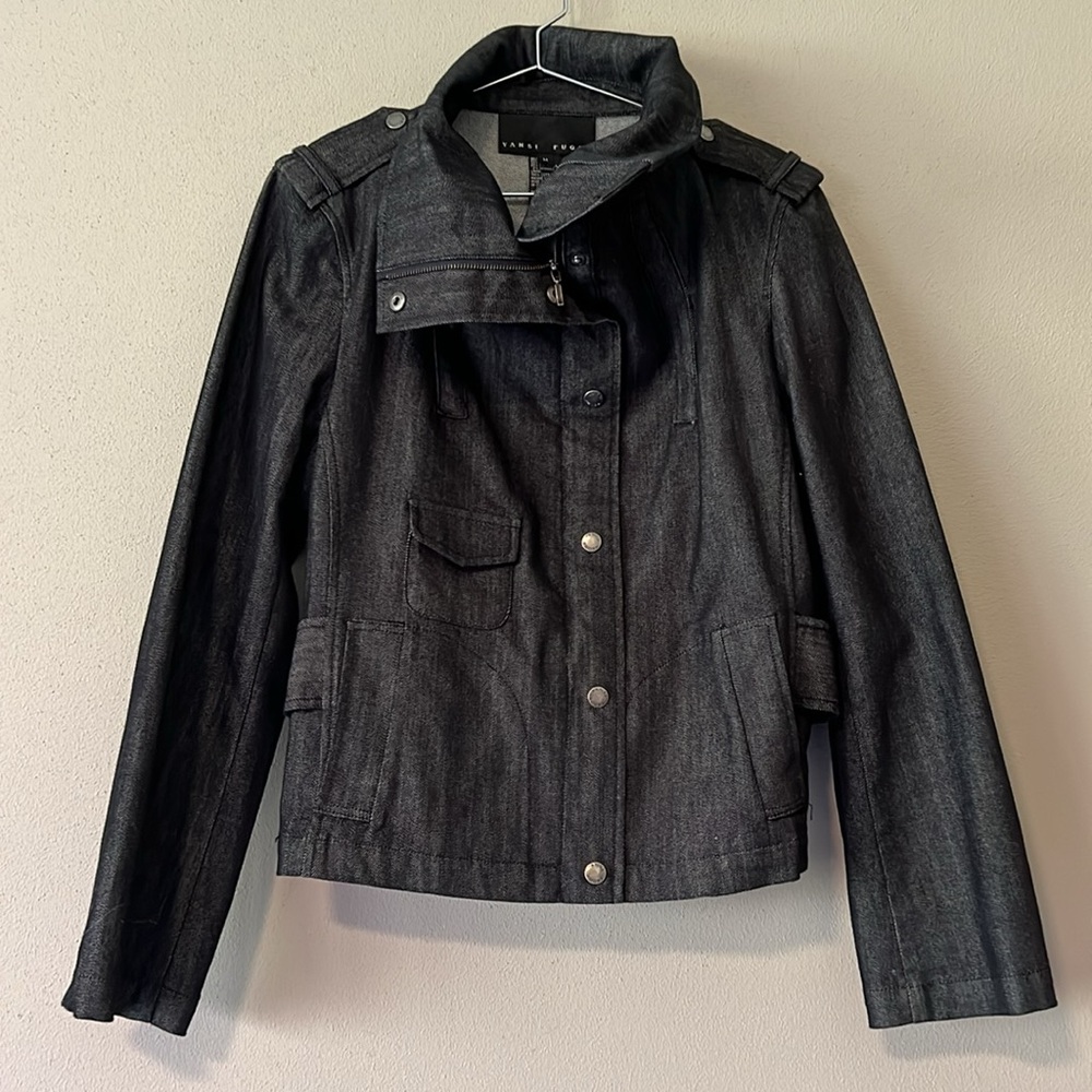 YANSI FUGEL Black denim zip front jacket